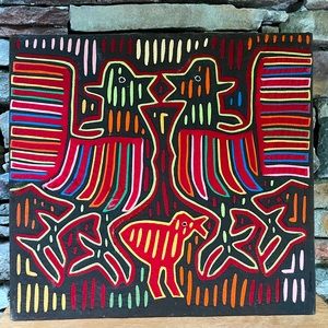 VTG Mola Folk Art Panama Chicken Fabric Quilted Embroidery Kuna Textile Boho